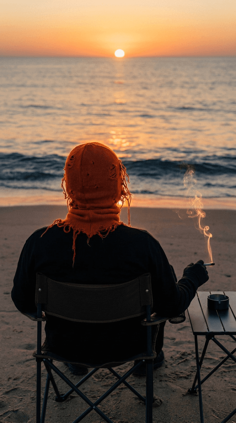 Manny Core assis sur la plage au coucher du soleil